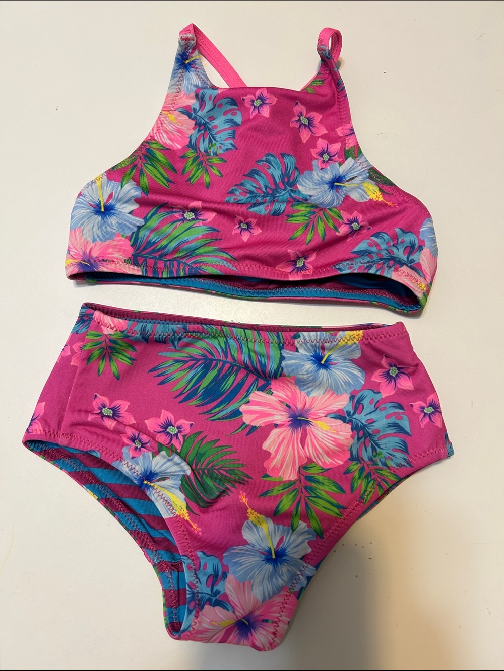 Lands' End reversible Hot Pink Tropical Floral/Striped Two-Piece Swimsuit